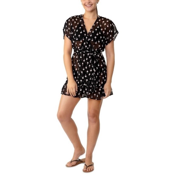 Miken Swim Black Palm Print Cinched Tie Ruffle Surplice Swim Cover Up Dress - Picture 1 of 5